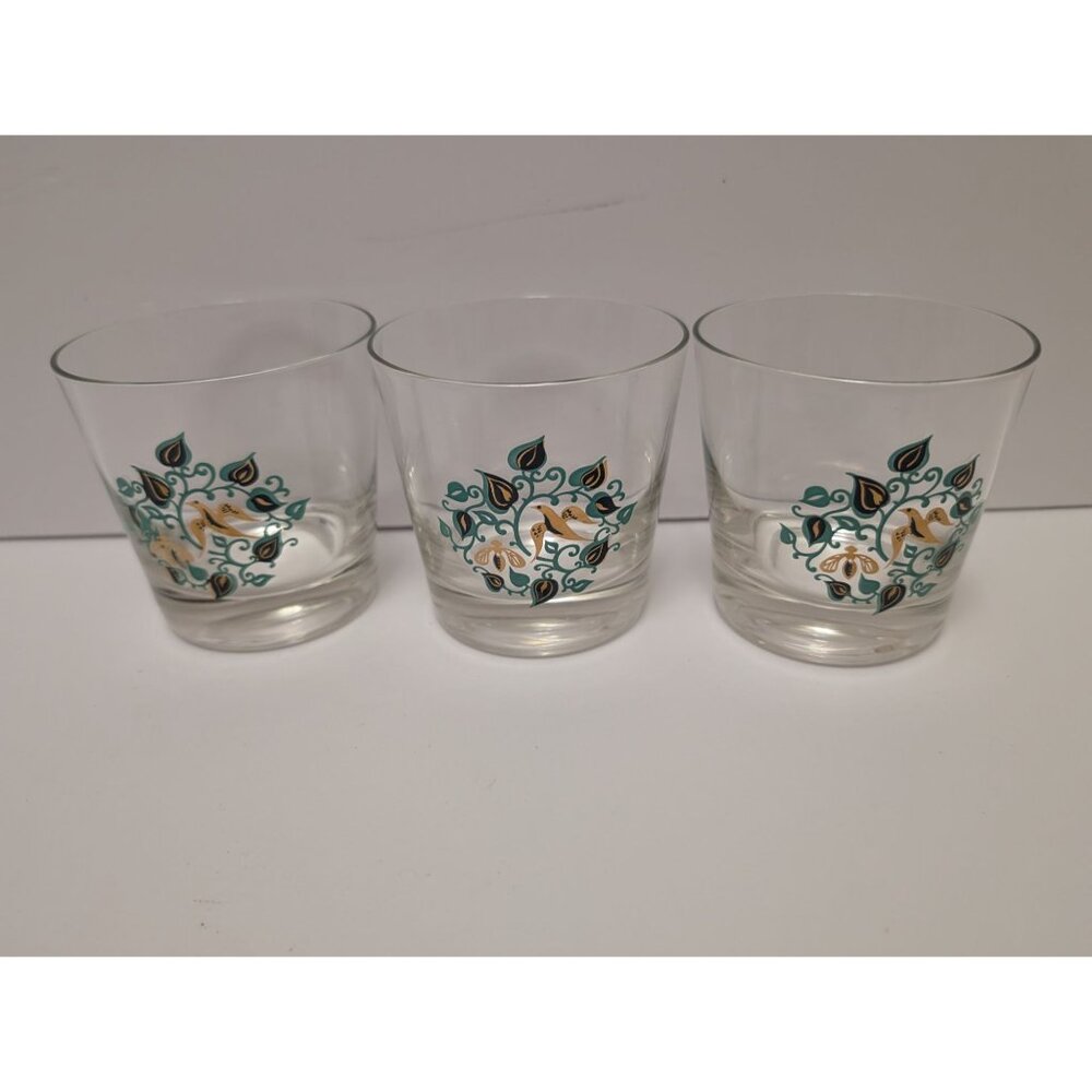 Set Of 3 Vintage MCM Turquoise Gold Floral Patterned Clear Glasses